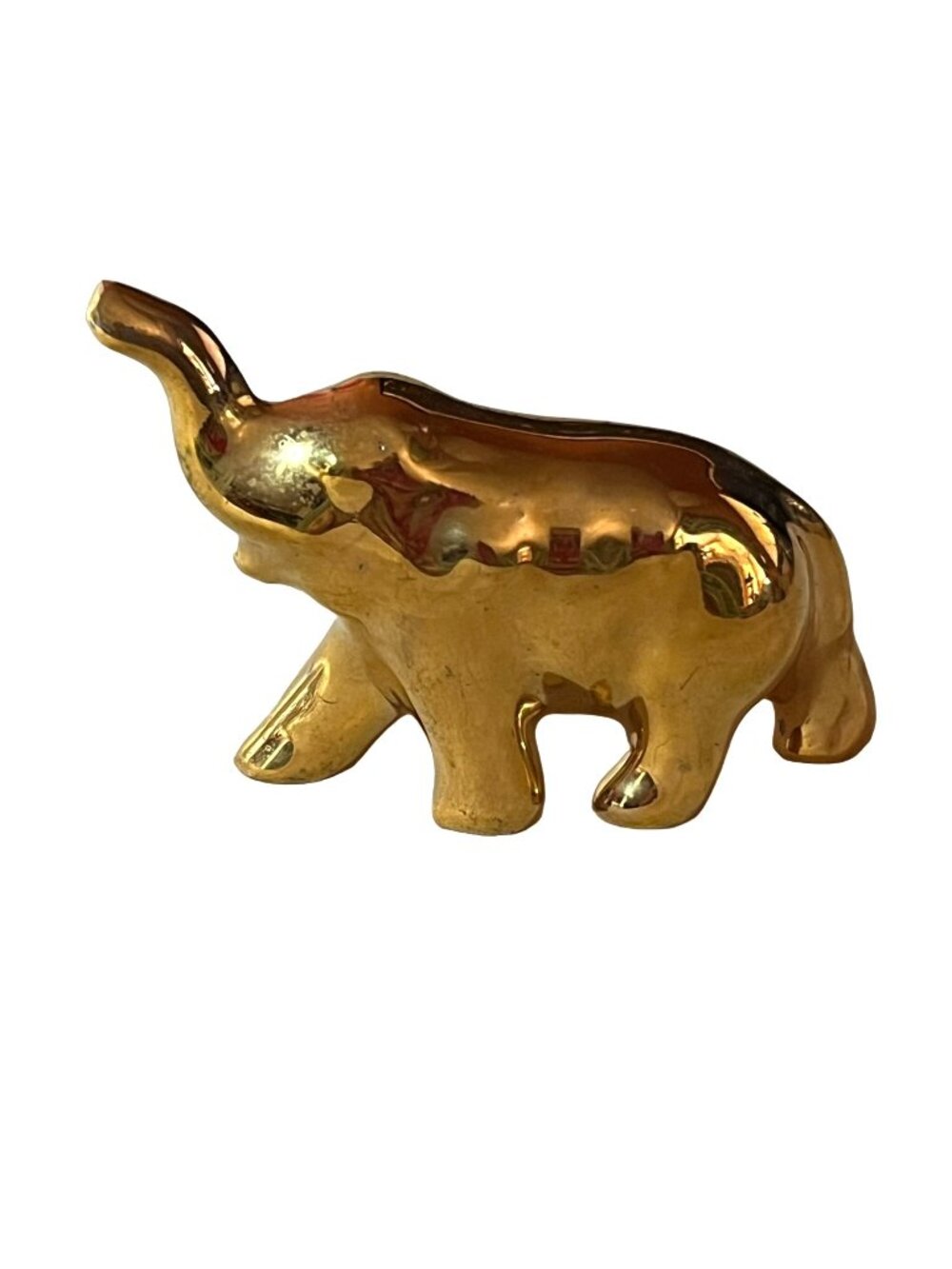 Vintage Ceramic Golden Elephant Figurine Trunk Up